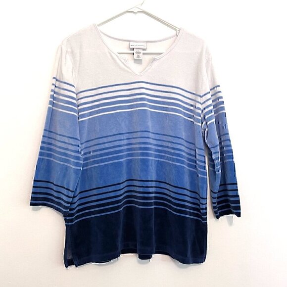 ALFRED DUNNER Precious Jewels Soft Striped Velour Top White Blue Navy 3/4 Sleeve - Picture 2 of 12